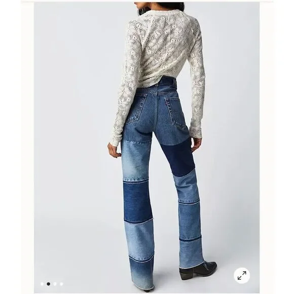 Free People Breyer And Eliot Distressed Patchwork Flare Jeans Blue Size 23